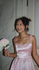 A Line Spaghetti Straps Pink Long Prom Dress with Lace