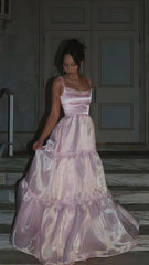 A Line Spaghetti Straps Pink Long Prom Dress with Lace