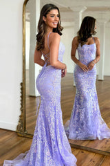 Sweet Lilac Spaghetti Straps Lace Up Long Corset Prom Dress With Appliques