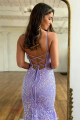 Sweet Lilac Spaghetti Straps Lace Up Long Corset Prom Dress With Appliques