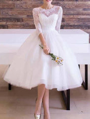 Bridal Shower Vintage Simple Wedding Dresses A-Line Scoop Neck Half Sleeve Knee Length Tulle Bridal Gowns