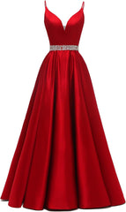Spaghetti Stracles Robe de bal Long Satin perle en V V Vandes de balle de fête de soirée avec poches