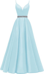 Spaghetti Stracles Robe de bal Long Satin perle en V V Vandes de balle de fête de soirée avec poches