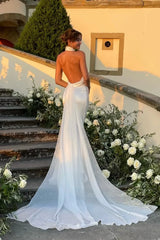 Elegant Mermaid Halter Neck White Long Bridal Dress with Sweep Train