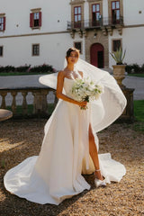Charming A Line Strapless White Satin Long Wedding Dress with Slit
