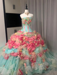 Colorful Ball Gown Strapless Floral Evening Dress Quinceanera Dress 18th Birthday Prom Gown HZ0319