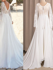 Beach Open Back Boho Wedding Dresses A-Line V Neck Long Sleeve Sweep / Brush Train Chiffon Bridal Gowns