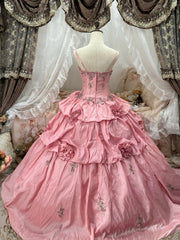 Charming Ball Gown Pink Spaghetti Straps Pleated Evening Dress Quinceanera Dress 18th Birthday Prom Gown HZ0319