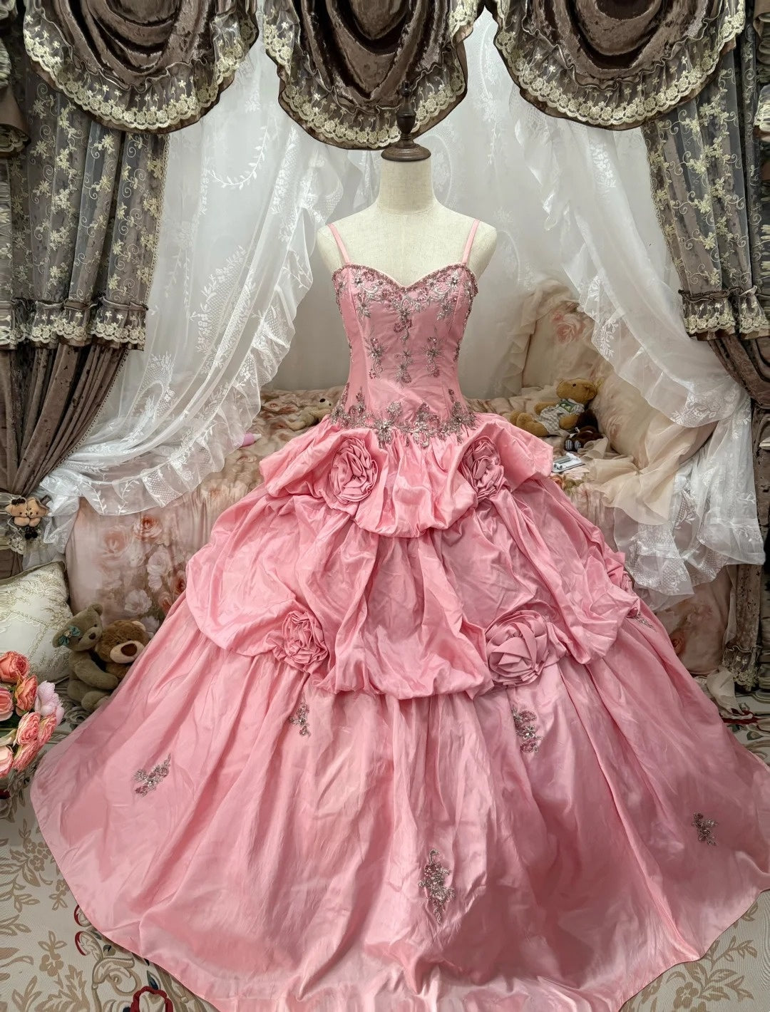 Charming Ball Gown Pink Spaghetti Straps Pleated Evening Dress Quinceanera Dress 18th Birthday Prom Gown HZ0319