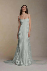Stain Spaghetti Strap Sleeveless Long Prom Dress With Appliques