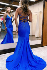 Mermaid Royal Blue Satin Long Prom Dresses with Beading