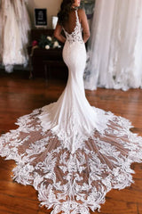 Mermaid V Neck Elastic Satin Wedding Dresses with Appliques