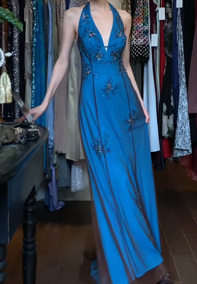 Stunning Prom Dress A Line Blue Halter Gala Gown Fomal Evening Dress Graduation Dress HZ0319