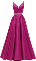 Spaghetti Stracles Robe de bal Long Satin perle en V V Vandes de balle de fête de soirée avec poches