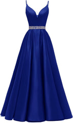 Spaghetti Stracles Robe de bal Long Satin perle en V V Vandes de balle de fête de soirée avec poches