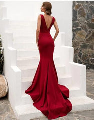 Trumpet/Mermaid V-neck Sleeveless Sweep/Brush Train Ruffles Stretch Crepe Bridesmaid Dresses