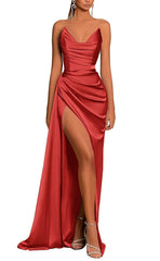 L0974 - Simple Couture Strapless Draped With Train and High Slit Evening Party Prom Formal Dress