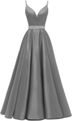 Spaghetti Stracles Robe de bal Long Satin perle en V V Vandes de balle de fête de soirée avec poches