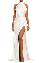 L0967 - Couture High Neck With Train And High Slit Formal Evening Party Prom Dress