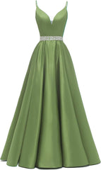 Spaghetti Stracles Robe de bal Long Satin perle en V V Vandes de balle de fête de soirée avec poches