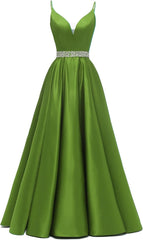 Spaghetti Stracles Robe de bal Long Satin perle en V V Vandes de balle de fête de soirée avec poches
