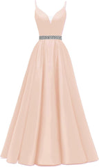 Spaghetti Stracles Robe de bal Long Satin perle en V V Vandes de balle de fête de soirée avec poches
