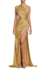 L0967 - Couture High Neck With Train And High Slit Formal Evening Party Prom Dress