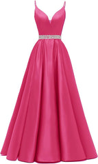 Spaghetti Stracles Robe de bal Long Satin perle en V V Vandes de balle de fête de soirée avec poches