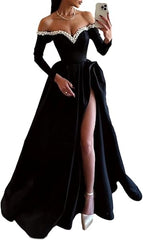 Aimishang A-Line Sexy Evening Dress Formal Prom Dress Sweep/Brush Train Long Sleeve Off Shoulder Satin with Pearls Slit