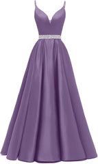 Spaghetti Stracles Robe de bal Long Satin perle en V V Vandes de balle de fête de soirée avec poches