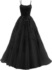 Lace Appliques prom -jurken voor dames Lange spaghetti -riem Baljurken TULLE Formele jurk voor feest