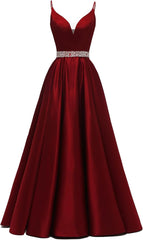 Spaghetti Stracles Robe de bal Long Satin perle en V V Vandes de balle de fête de soirée avec poches
