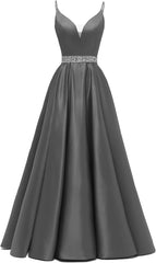 Spaghetti Stracles Robe de bal Long Satin perle en V V Vandes de balle de fête de soirée avec poches