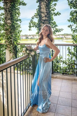 A line Straps Blue Satin formal dresses Bridesmaid Dresses evening gown Prom Dress
