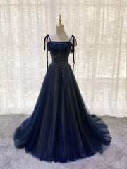 Dark blue tulle sequin long prom dress, dark blue evening dress