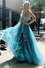 Turquoise Tulle Floral Appliques Sweetheart A-Line Prom Gown
