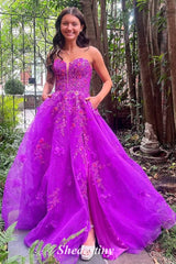 Sparkly A-Line Purple Sweetheart Applique Prom Dress with Slit