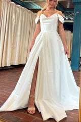 Simple Satin Off the Shoulder A-Line Ivory Wedding Dress with Slit