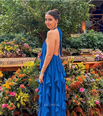 A Line Halter Ruffle Chiffon Blue formal dresses Bridesmaid Dresses evening gown Prom Dress