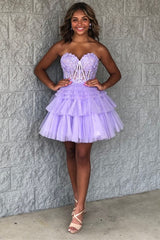 Strapless Tulle Sweetheart Tiered A-Line Short Homecoming Dress with Ruffles