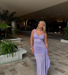 Sheath Elegant Chiffon Pleated Lavender formal dresses Bridesmaid Dresses evening gown Prom Dress With Split