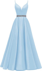 Spaghetti Stracles Robe de bal Long Satin perle en V V Vandes de balle de fête de soirée avec poches