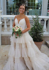 Sexy Sparkly Prom Dress Slit Skirt Deep V Neckline Wedding Dress