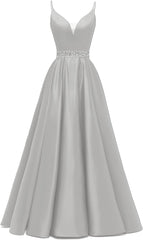Spaghetti Stracles Robe de bal Long Satin perle en V V Vandes de balle de fête de soirée avec poches