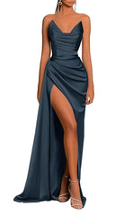 L0974 - Simple Couture Strapless Draped With Train and High Slit Evening Party Prom Formal Dress