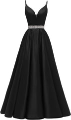 Spaghetti Stracles Robe de bal Long Satin perle en V V Vandes de balle de fête de soirée avec poches