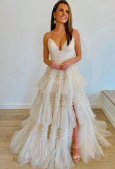Straps Sparkly Tulle Prom Dress with Tiered Ruffle Skirt and Ruched Bodice,V Neckline Wedding Dress