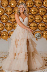 Sexy Sparkly Prom Dress Slit Skirt Deep V Neckline Wedding Dress
