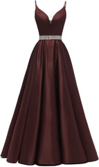 Spaghetti Stracles Robe de bal Long Satin perle en V V Vandes de balle de fête de soirée avec poches