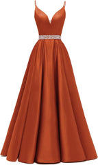 Spaghetti Stracles Robe de bal Long Satin perle en V V Vandes de balle de fête de soirée avec poches